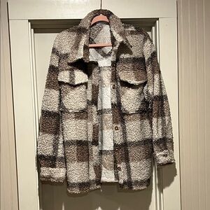 Cozy Plaid Teddy Jacket - Brown and Cream